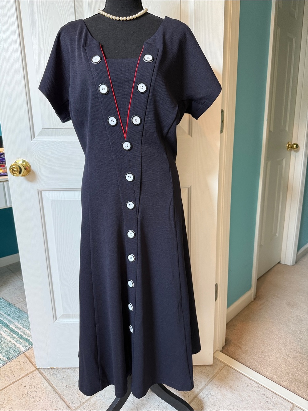 Tatyana Vintage Style Navy Blue V-Neck Midi Dress with Red Piping & White Button